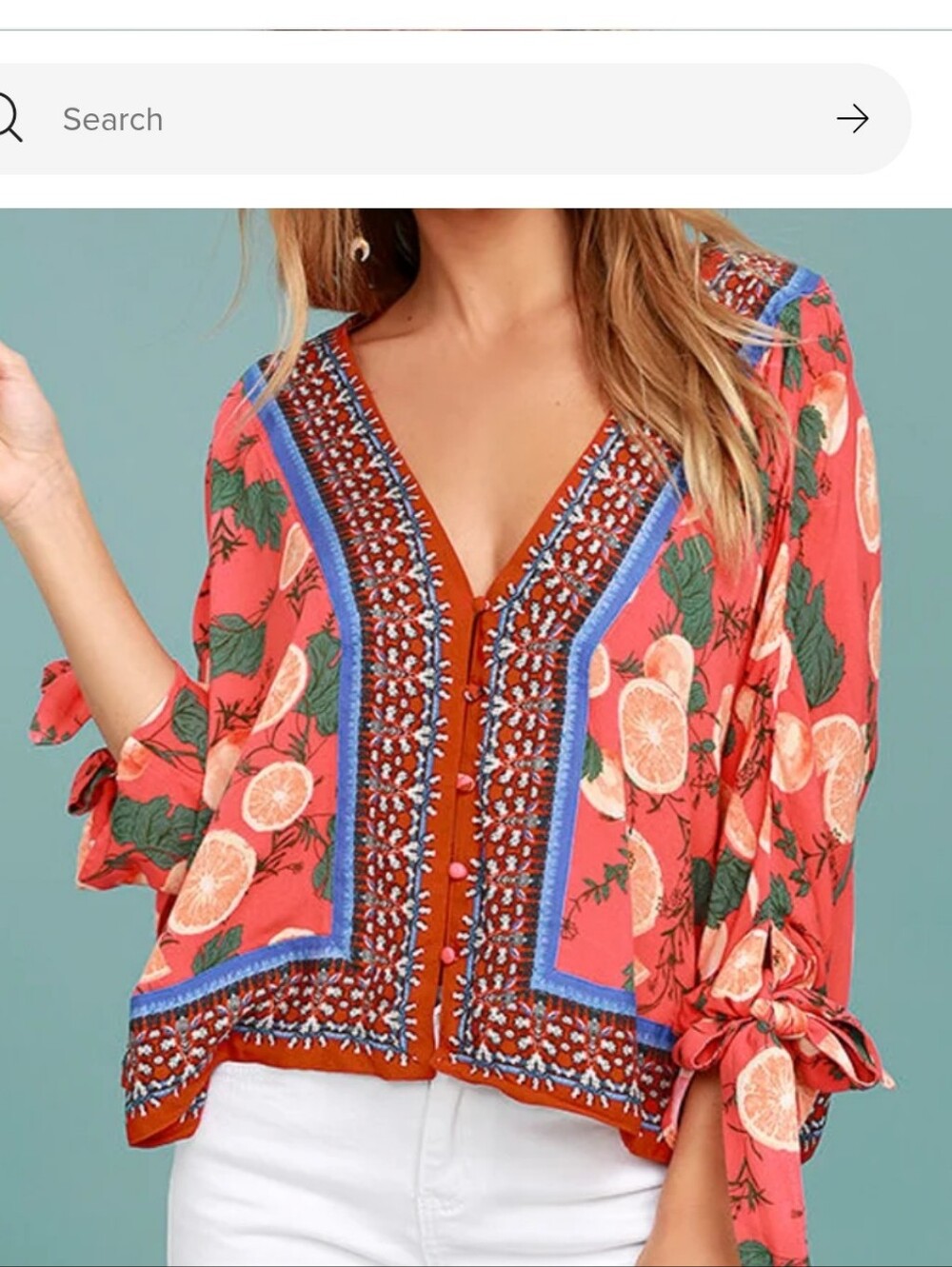 Free People "Freshly Squeezed" Mixed Citrus  Printed V-Neck Tie-Sleeve Top Sz L